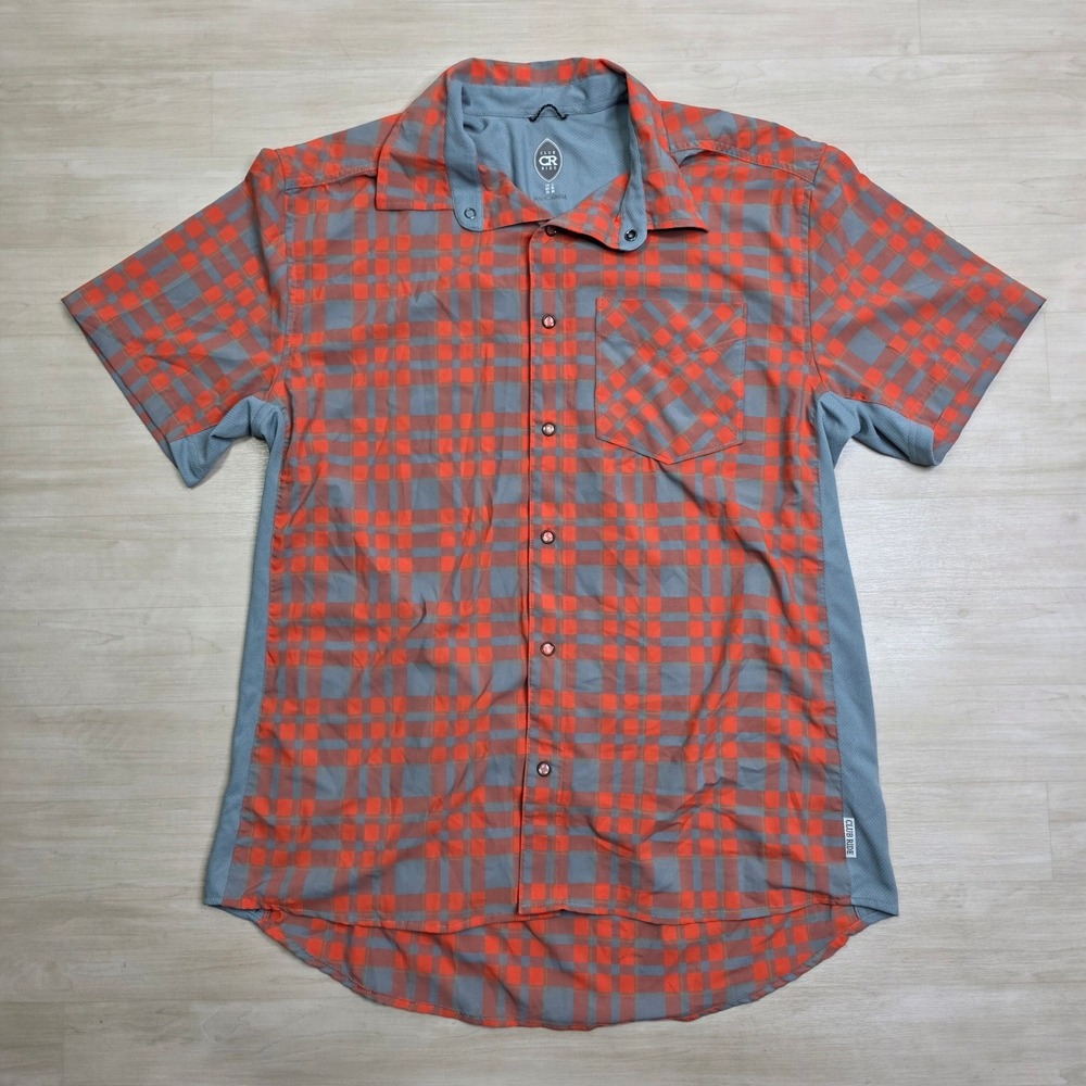 Club Ride Mens Small Plaid Cycling Shirt Orange Grey Short Sleeve Snap MTB Trail
